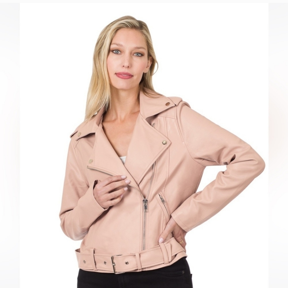 Vegan Leather Belted Moto Jacket XL